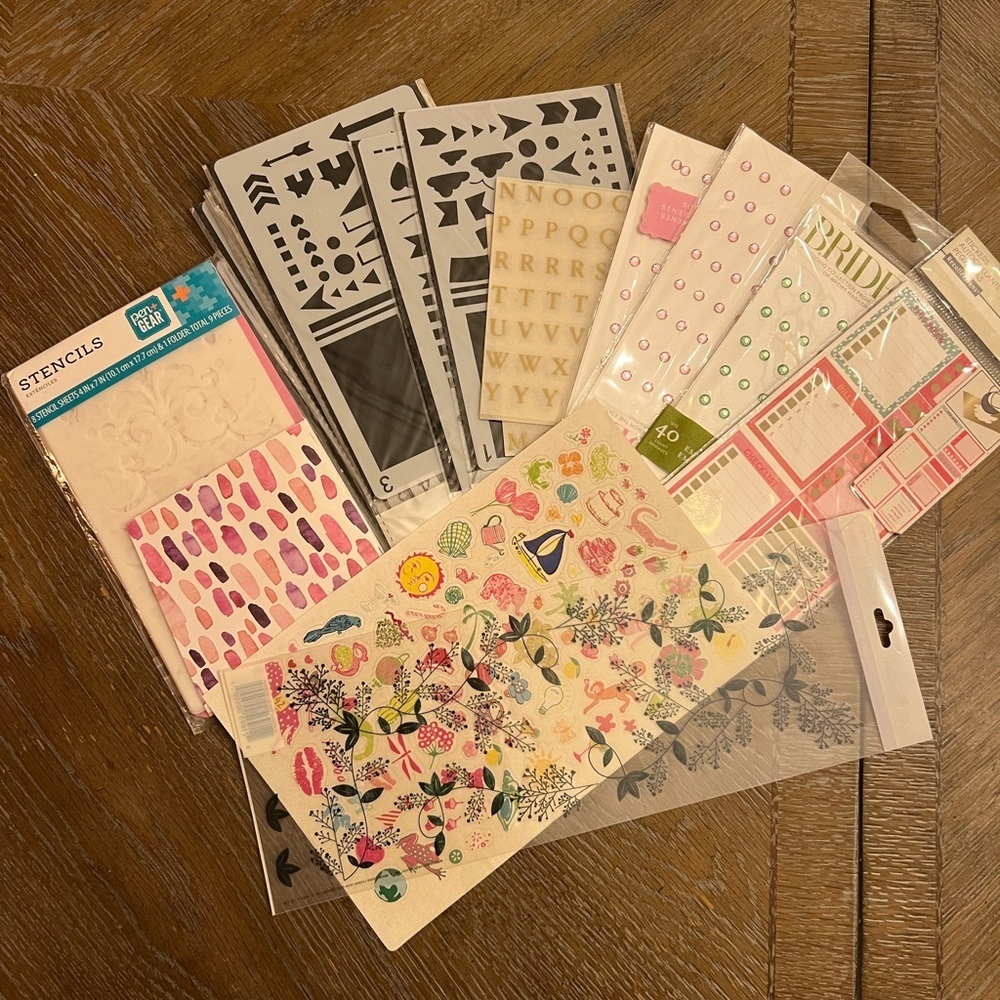 Set of stencils, stickers and embellishments